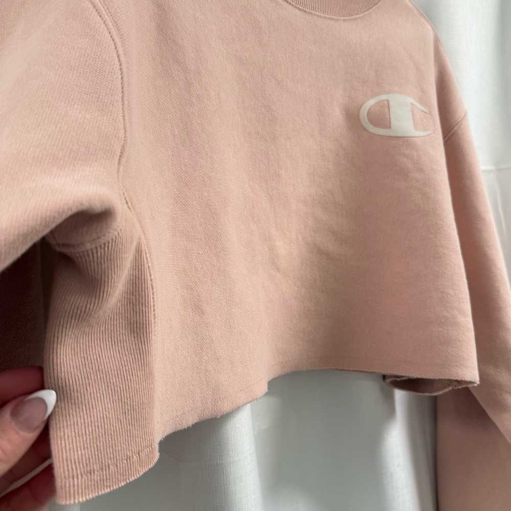 Champion Cropped Sweatshirt Blush Pink/ Dusty Rose XS Logo Sleeve - Picture 7 of 7